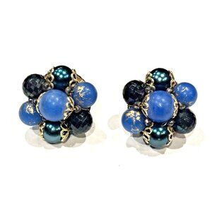 GERMANY VINTAGE SHADES BLUE PEARL CLUSTER BEAD CLIP ON EARRINGS SET GRANNYCORE